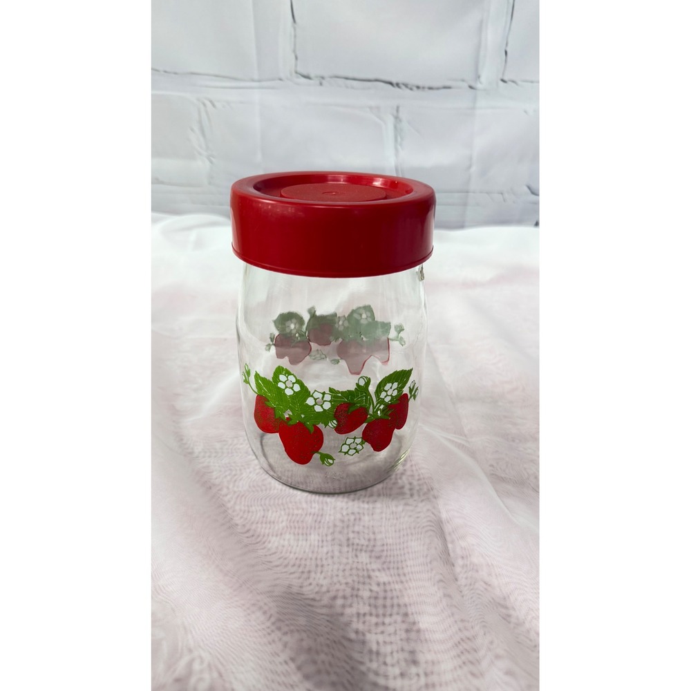 Vintage Carlton Glass Strawberry Canister Jar with Red Lid Made in USA 1L